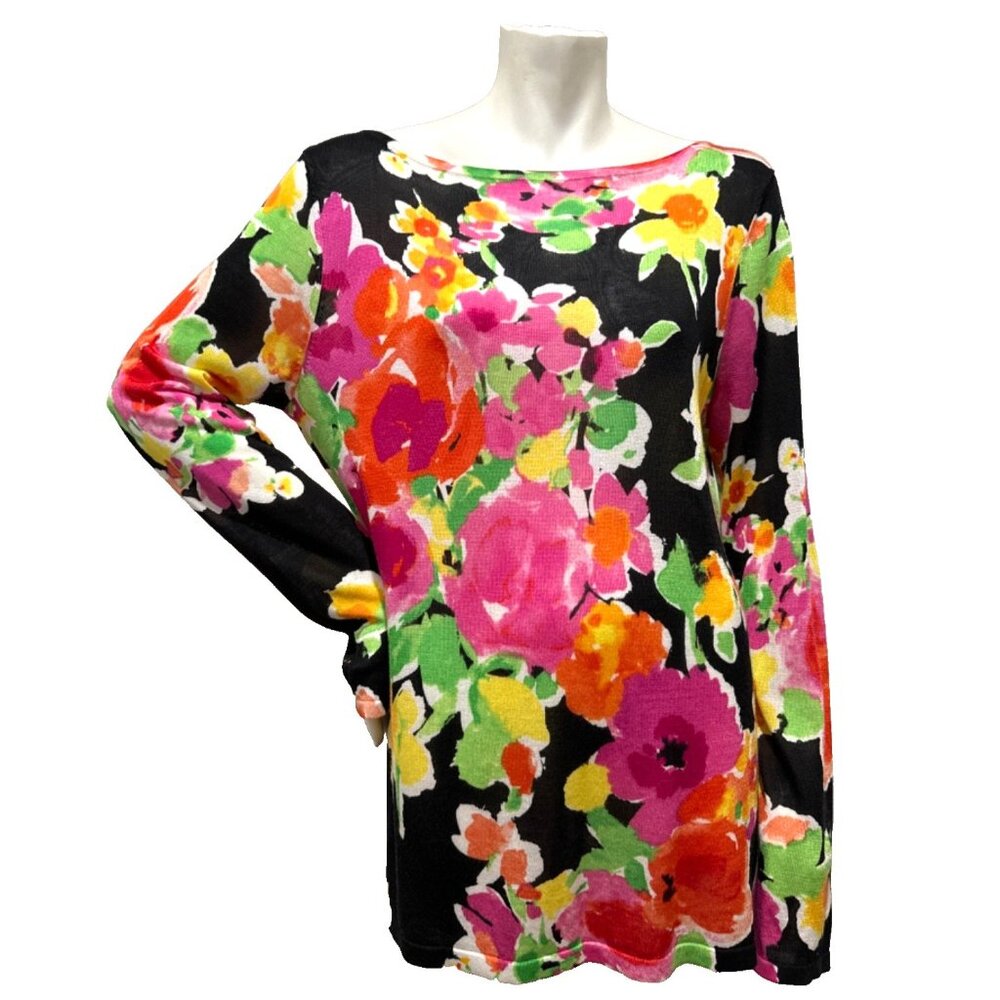 RALPH LAUREN L WaterColor Florals Preppy Light Knit Soft Stretchy Sweater NWOT